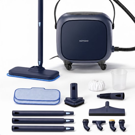 Een blauwe stoomreiniger unit met wieltjes, een stoomzuigmond en diverse accessoires op een witte achtergrond.