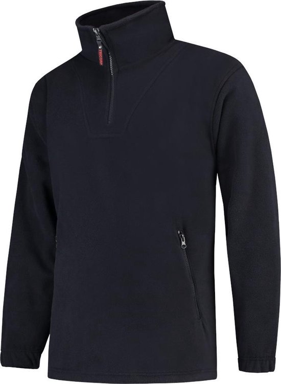 Donkerblauwe Tricorp fleece trui met ritskraag en twee ritszakken op de heup.