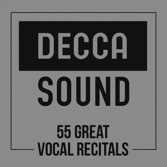 Grijze hoes met zwarte tekst 'DECCA SOUND' en '55 GREAT VOCAL RECITALS' in een dun zwart kader.