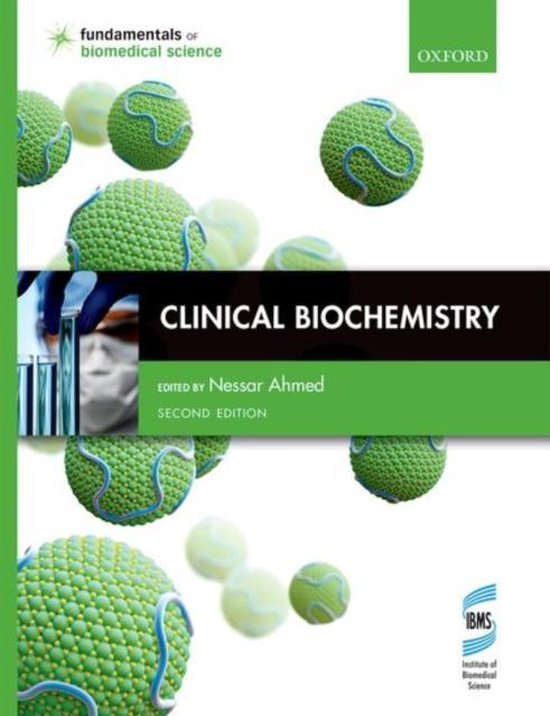 Boek "Clinical Biochemistry" door Nessar Ahmed, tweede editie. Groene, bolvormige illustraties met blauwe lijnen.