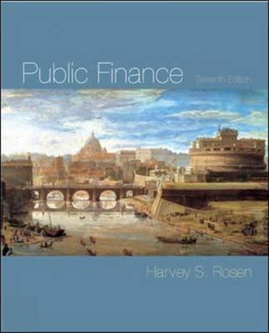 Boek: Public Finance, Zevende Editie, met een schilderij van een oude stad, een rivier en bruggen.