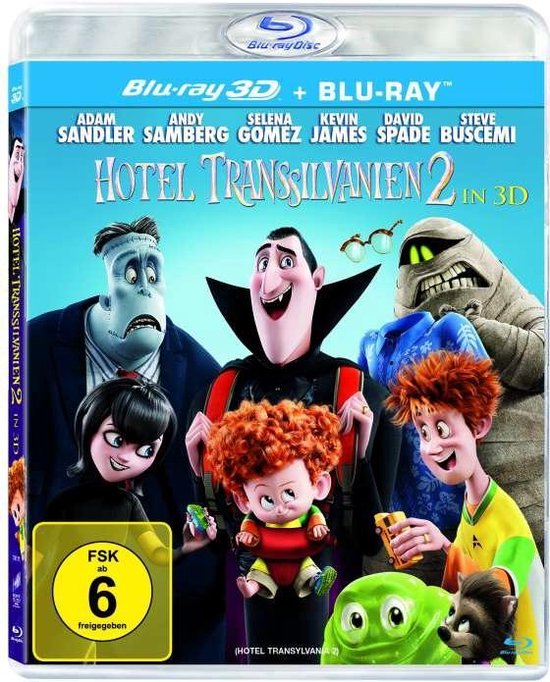 Blu-ray hoes met de cast van Hotel Transsylvanië 2: Drac, Mavis, Johnny, Dennis, Murray de mummie, Frankenstein en Blobby.