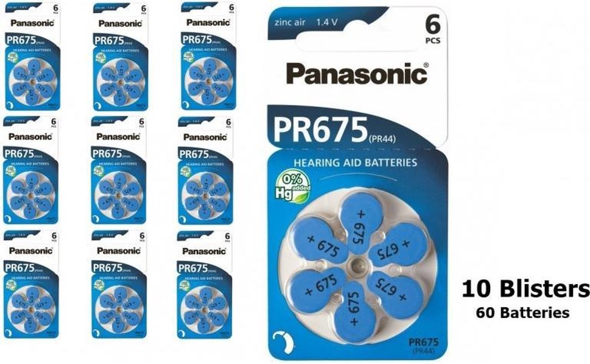 10x Blisters (60 stuks) Panasonic 675 / PR675 / PR44 Gehoorapparaat batterijen
