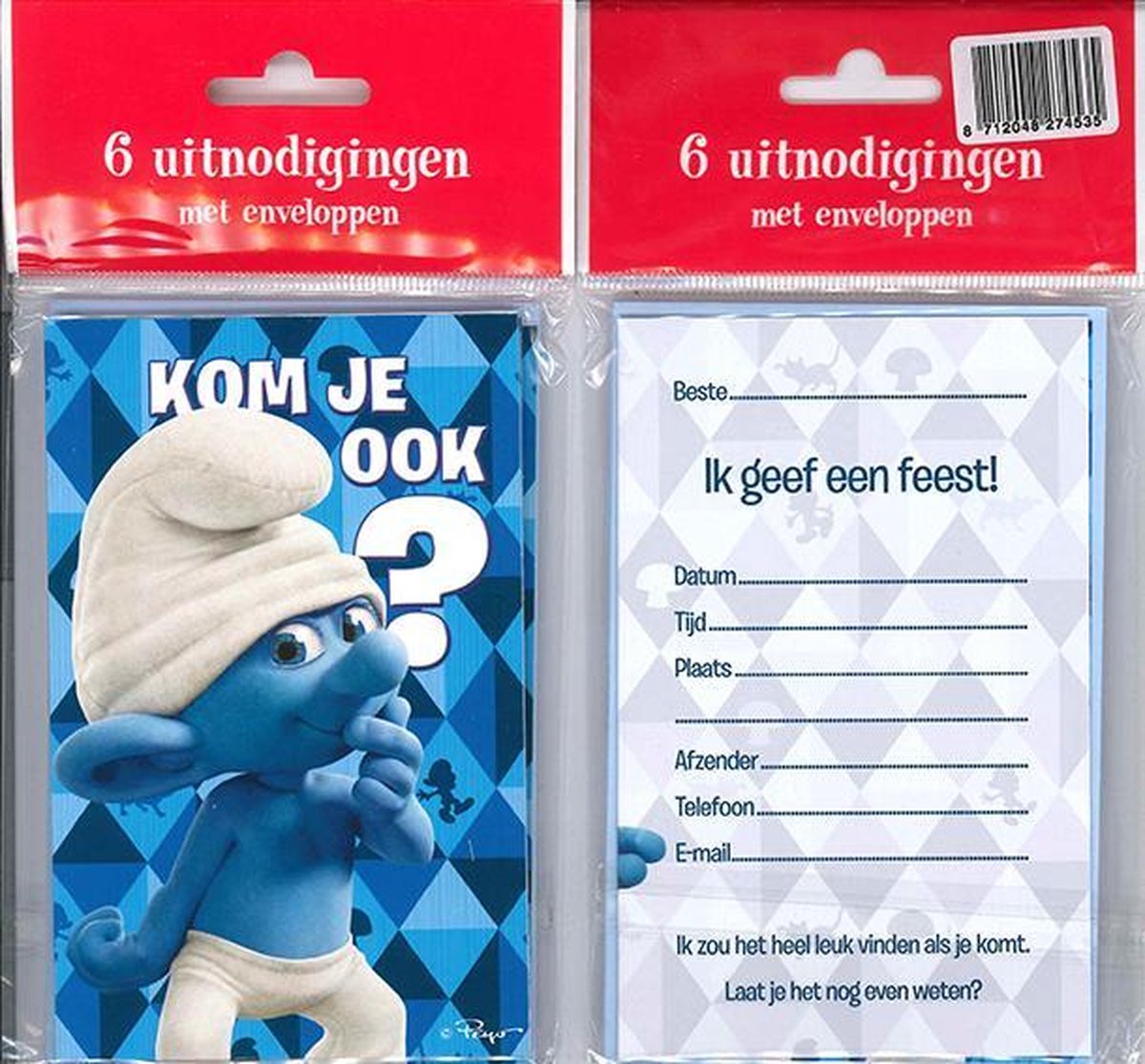 12 Uitnodigingskaartjes met envelop - Smurfen blauw - 9 x 13.5 cm