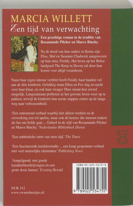Boekomslag met tekst 'Een tijd van verwachting' door Marcia Willett. Een vrouw in een witte jurk staat in een tuin.