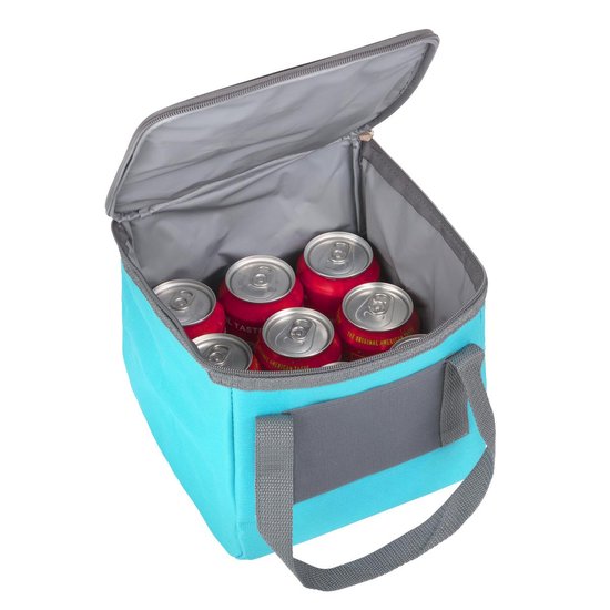 Turquoise koeltas met opening, gevuld met blikjes frisdrank.