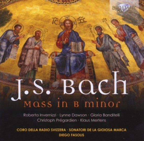 Albumhoes met J.S. Bach's "Mass in B minor". Christus op troon met apostelen, en de tekst "J.S. Bach Mass in B minor".
