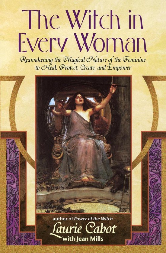 Boekcover van 'The Witch in Every Woman'. Een vrouw in een paarse jurk zit op een troon met armen omhoog.
