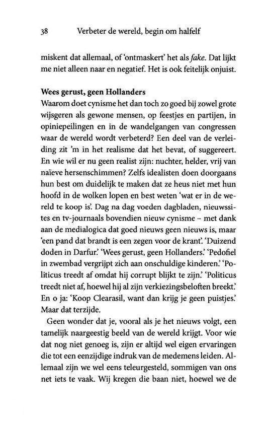 Pagina met tekst uit het boek 'Verbeter de wereld, begin om halfelf'.