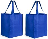 2x Boodschappen tas/shopper blauw 38 cm - 2 Stuks stevige boodschappentassen/shopper bag