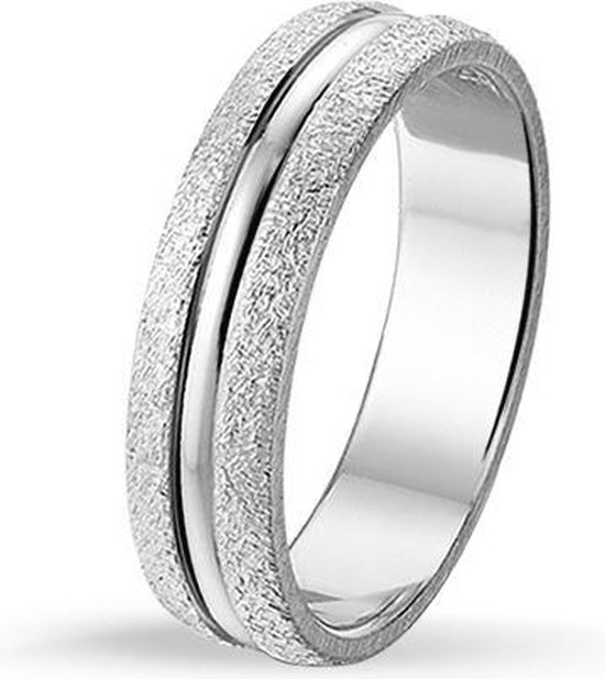 TRESOR Ring ijs-structuur met blinkend bol boordje in het midden - Gerhodineerd sterling zilver - 5mm breed