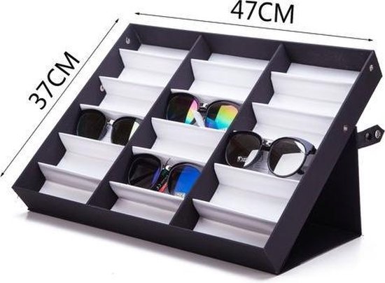 Grinscard Brillendoos Voor 12 Brillen - Zwart/Wit Presentatievitrine 34x19x16 Cm