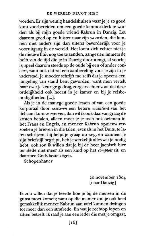 Tekstpagina uit 'DE WERELD DEUGT NIET' met de tekst 'Schopenhauer' en een datum en plaats.