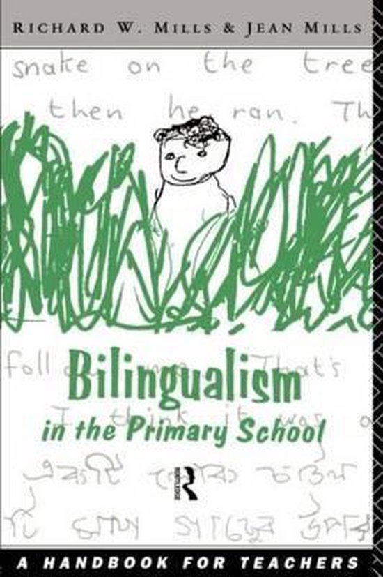 Boekomslag 'Bilingualism in the Primary School' met een kindertekening van een jongen in het groen, naast de titel.