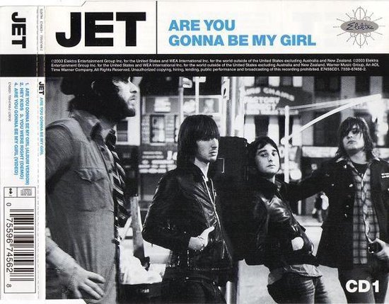 Albumhoes van Jet met de titel 'Are You Gonna Be My Girl' met een zwart-witfoto van de bandleden.