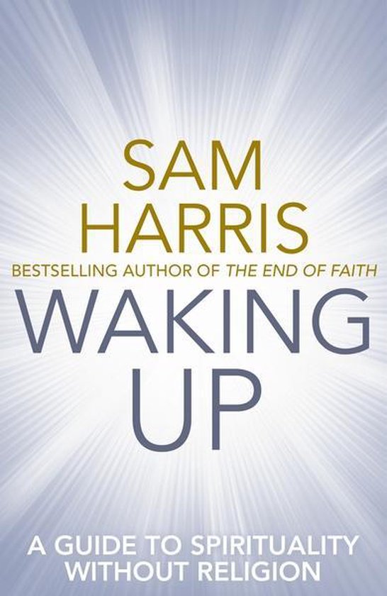Boek "Waking Up" van Sam Harris, met een gouden en grijze titel op een lichtblauwe achtergrond met stralen.