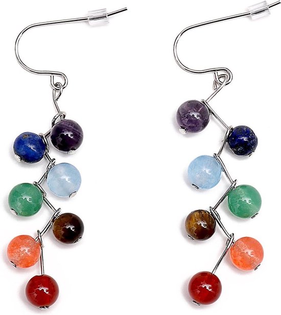 Edelstenen oorbellen Gemstone Rainbow - multi color - sterling zilver (925) - oorbelhanger - rood - bruin- groen - blauw - paars - zilver