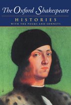 De Oxford Shakespeare: Histories met gedichten en sonnetten, met een portret van een man met een zwarte baret en een groen, craquelé-achtig achtergrond.