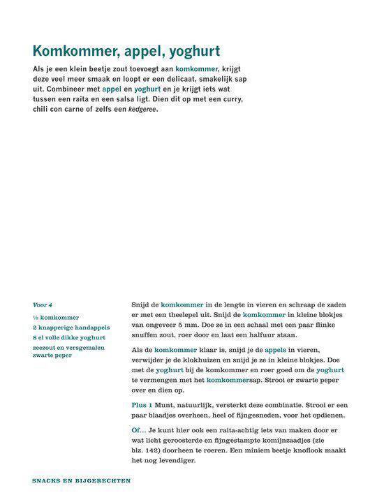 Pagina met recept 'Komkommer, appel, yoghurt' en een illustratie van een hand met een komkommer.