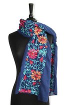 Dames sjaal - katoen - linnen - geborduurd - borduurwerk - bloemen - marine - turquoise - oranje - rood - 90 x 165 cm