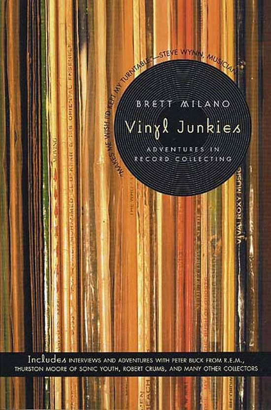Boek "Vinyl Junkies" met een stapel gekleurde platenhoezen op de voorkant. Inclusief interviews.