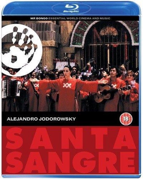 Blu-ray hoes: Santa Sangre met Alejandro Jodorowsky, rood met witte tekst.