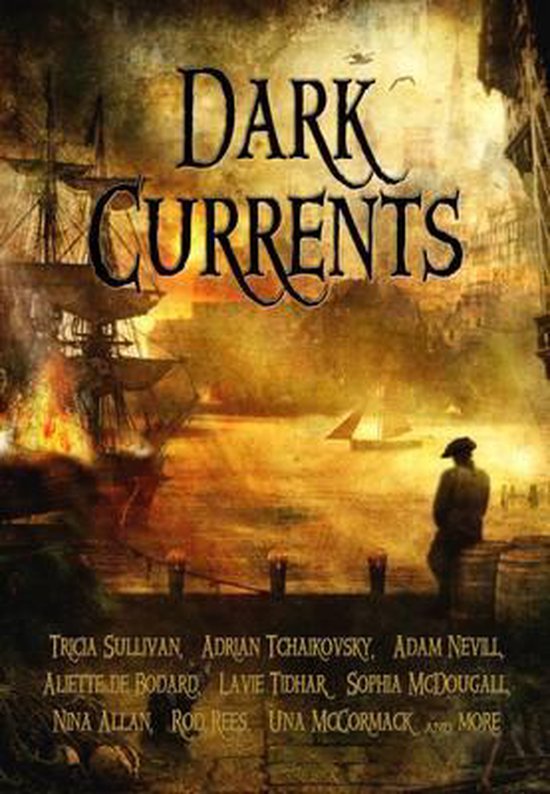 Boekcover 'Dark Currents' met schepen, gebouwen en een man op een ton.