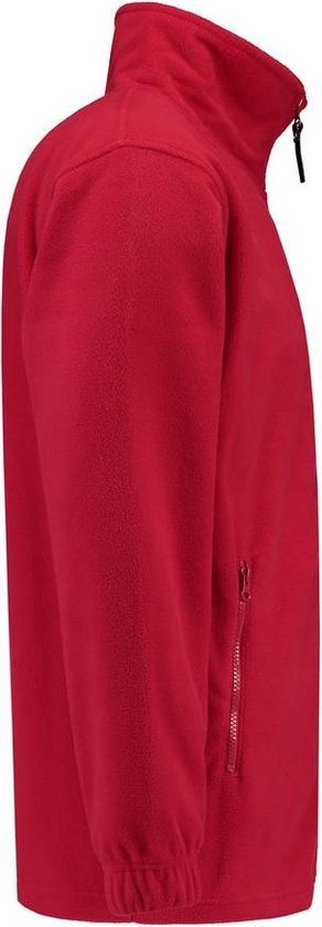 Rood fleecevest met rits en zakken, zij-aanzicht.