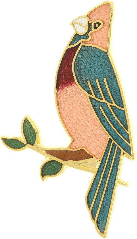 Broche perroquet en émail orange, rouge, vert et bleu, assis sur une branche.