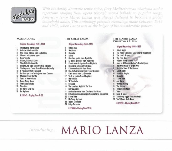 Achterkant van een cd-hoes met tracklijsten en een deel van een portret van Mario Lanza.