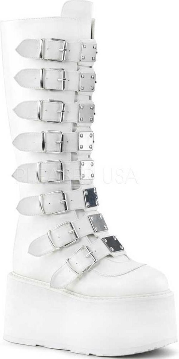 Damned-318 plateau knie hoge laars met gespen en metalen details wit - (EU 39 = US 9) - Demonia