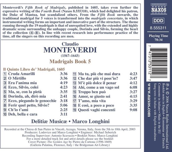 CLAUDIO MONTEVERDI Madrigals Book 5. Een cd-hoes met tekst en tracklijst. Naxos DDD.