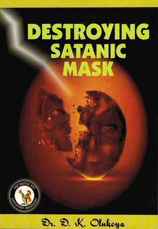 Boek kaft met de titel 'DESTROYING SATANIC MASK' en een gebroken ei met een gezicht erin.