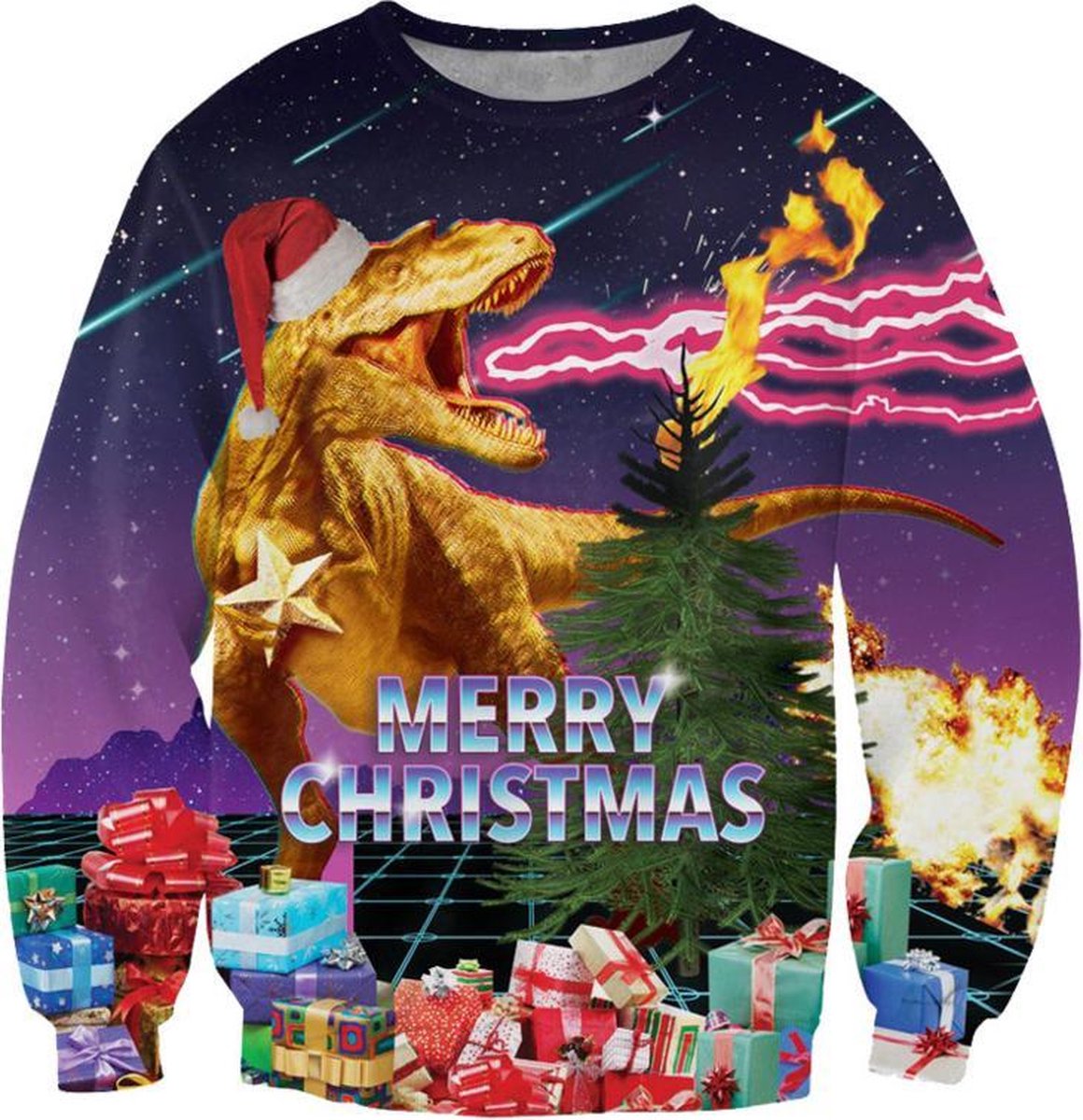 Retro kersttrui met T-rex en cadeaus Foute kersttrui - Maat: XL - Kerstmis trui - Heren kersttrui - Dames kersttrui - Foute kersttruien - Kerst outfit - Kerstkleding - Lelijke kersttrui - Gekke kersttrui - Kersttrui met Dinosaurus - Dino kersttrui