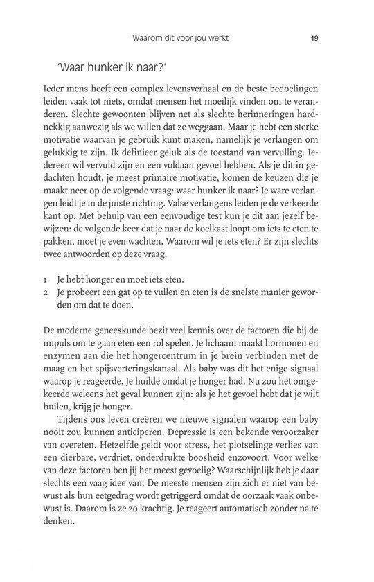 Boekpagina met tekst over eetgedrag en oorzaken van honger.