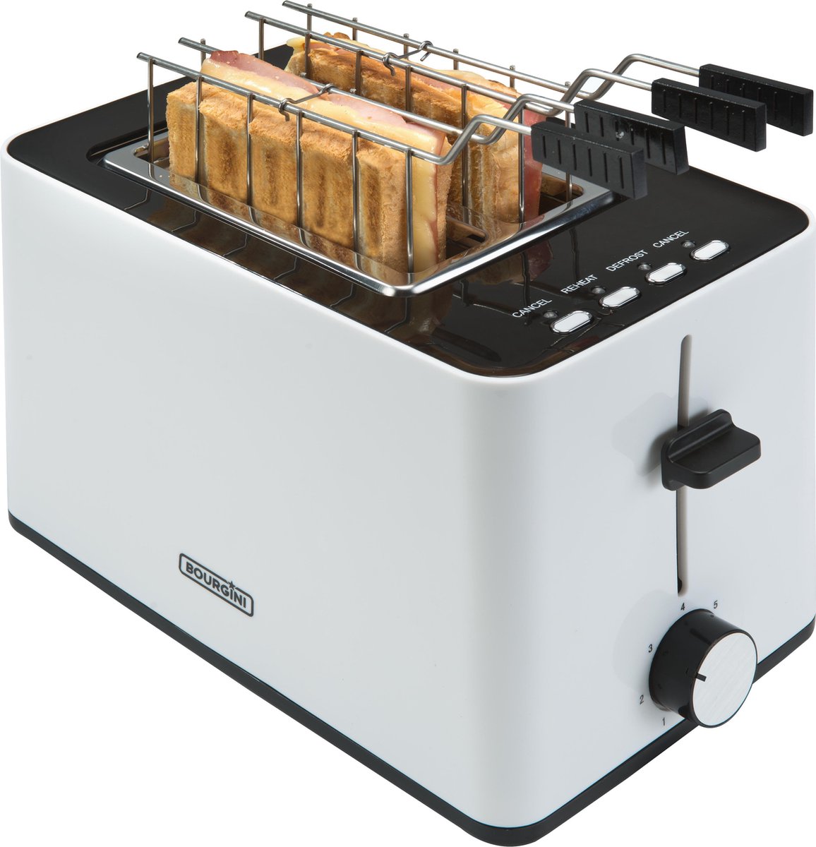 Bourgini Tosti Toaster - Broodrooster met Tostiklemmen - Wit - Extra brede sleuf geschikt voor 2 tosti's - Instelbare bruiningsstand en ontdooifunctie - Bourgini
