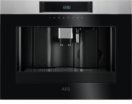 Inbouw koffiezetapparaat met zwart front en zilveren display met tijd 12:30.