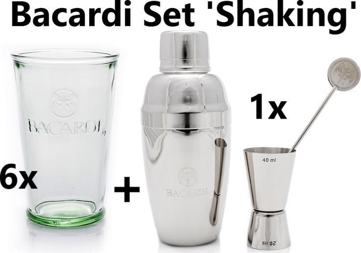 Bacardi Set 'Shaking' | 6 Bacardi Mojito Glazen + Bacardi RVS Cocktail Kit  - Shaker,... | bol.