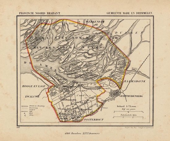 Historische kaart, plattegrond van gemeente Made en Drimmelen in Noord Brabant uit 1867 door Kuyper van Kaartcadeau.com