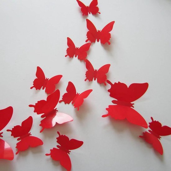 Muurversiering - Plastic 3D vlinders - 3D muurdecoratie - Muurstickers - Rood - DisQounts