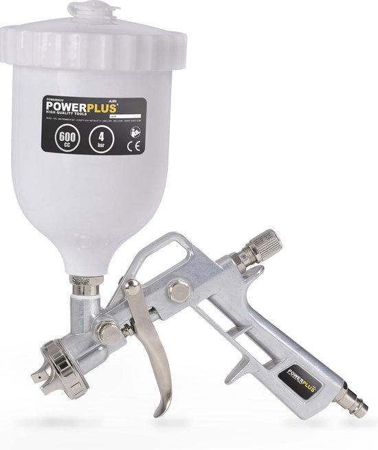 Zilverkleurige verfspuit met wit reservoir van 600cc.