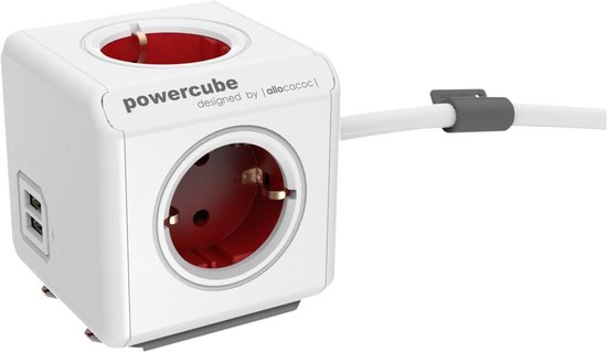 PowerCubes PowerCube Extended DUO USB - 1,5 meter kabel - wit/rood- 4 stopcontacten - 2 USB laders - Type F - stekkerdoos - stekkerblok - telefoonlader - oplader
