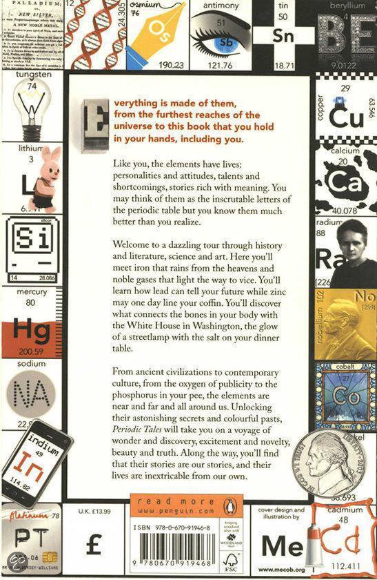 Dos du livre 'Periodic Tales', avec des images d'éléments du tableau périodique.