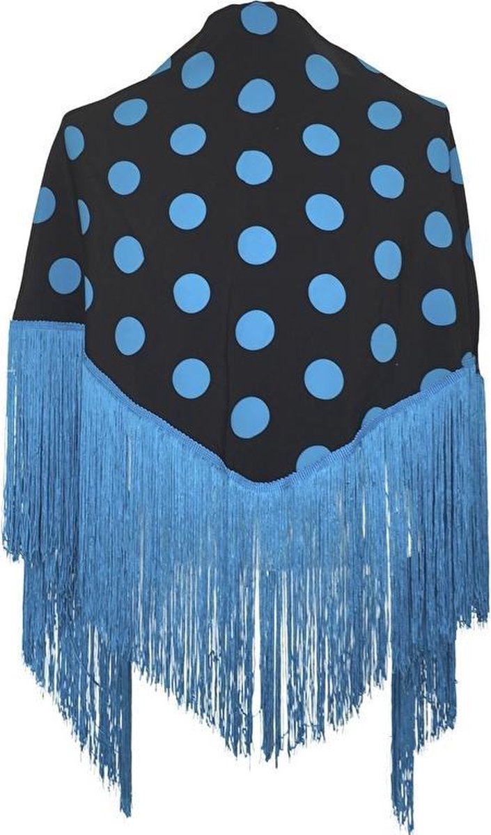Spaanse manton - omslagdoek - zwart met blauw stippen bij verkleedkleding of flamenco jurk