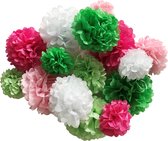 Feest versiering pompon set 15 stuks roze wit groen - pompom - geboorte versiering- feestversiering - verjaardag - babyshower - kinderfeest - decoratie