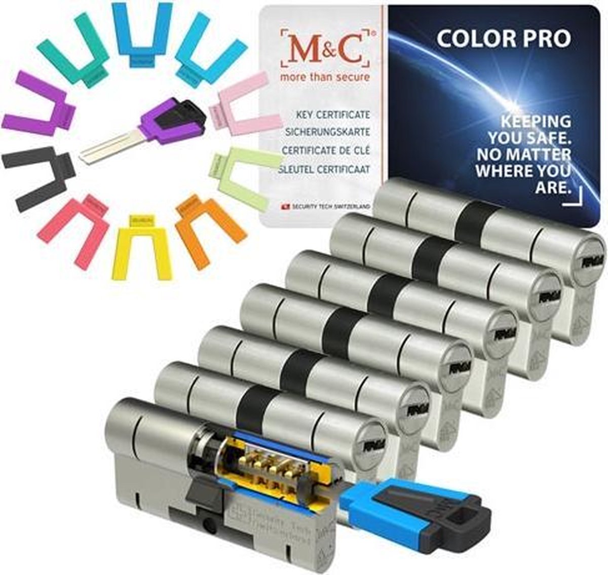 M&C Color PRO set van 7 cilinders 32/32 en 8 sleutels SKG3