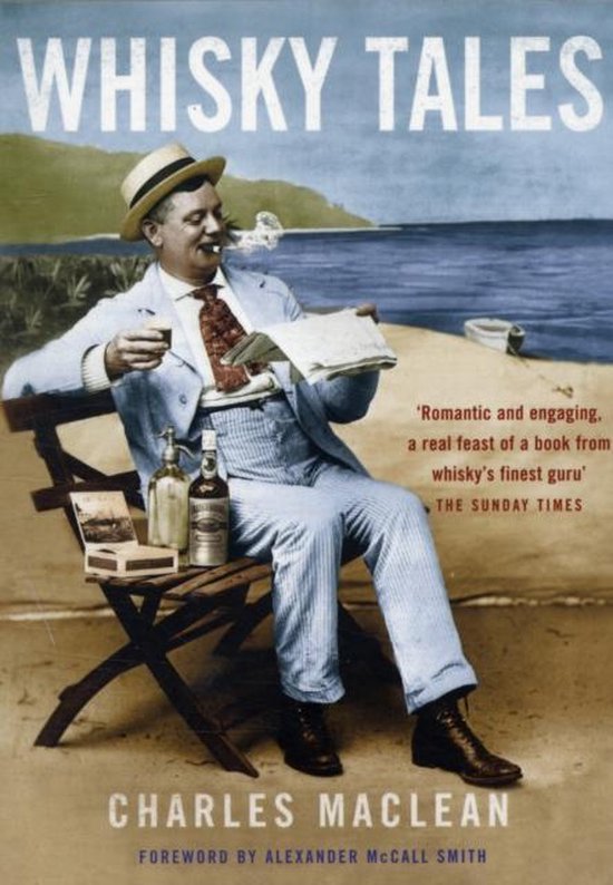 Boek "Whisky Tales" met een man in pak op een stoel aan zee, rookt en leest krant.