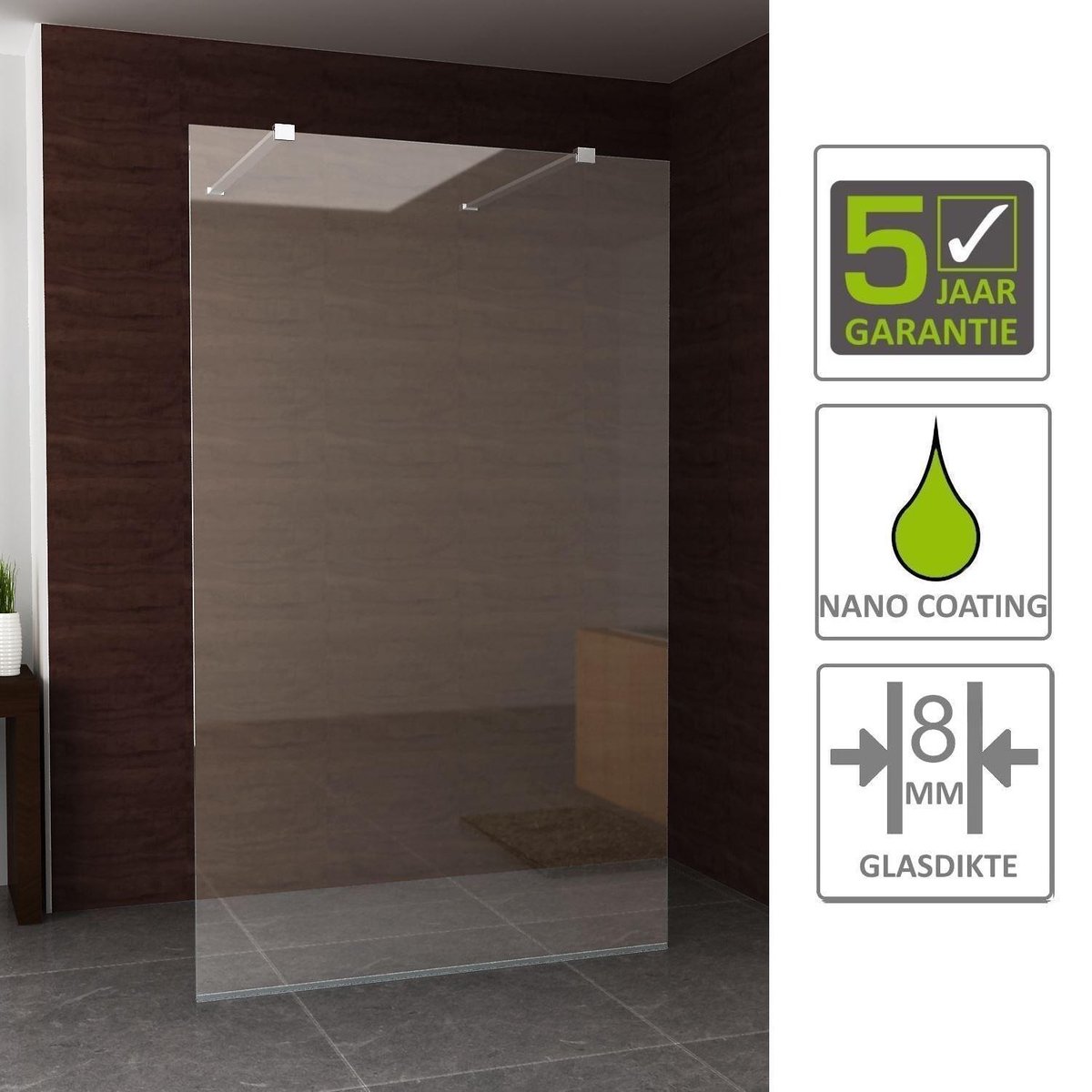 BWS Apollo Vrijstaand Douchewand 140x200cm 8mm NANO Coating