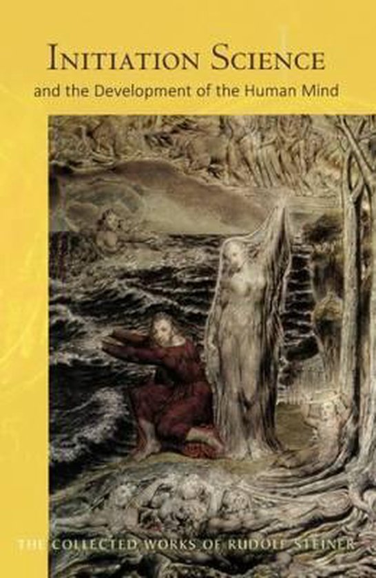 Boek 'Initiation Science and the Development of the Human Mind' met een illustratie van een man die knielt bij een rivier en een vrouw in een gewaad.
