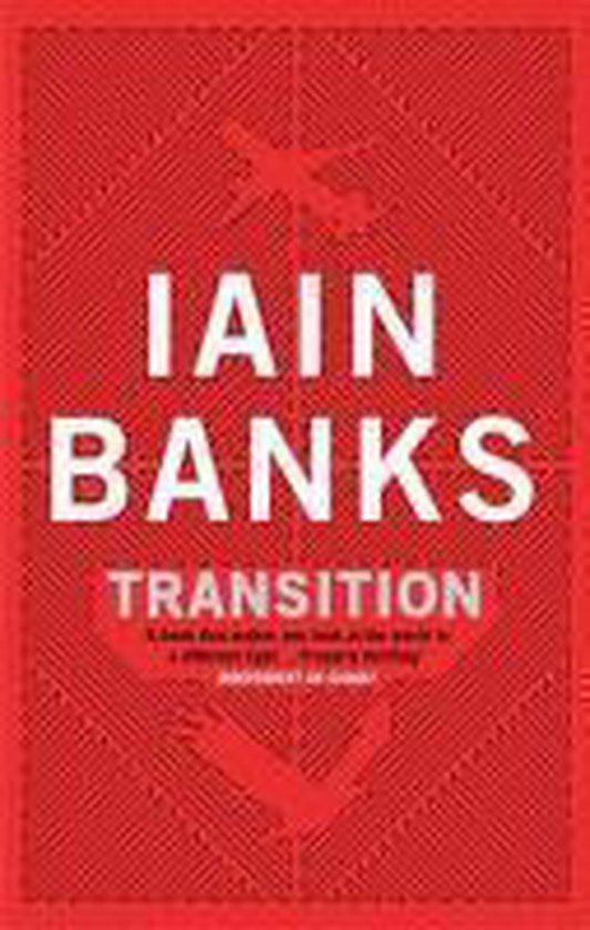 Boek 'Transition' van Iain Banks met rode kaft en witte letters. Centraal een gestileerde afbeelding van een vliegtuig.
